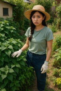 <img src="h1_title.jpg" alt="家庭菜園の庭に広がったシソを前に心配そうに立つ若い日本人女性">