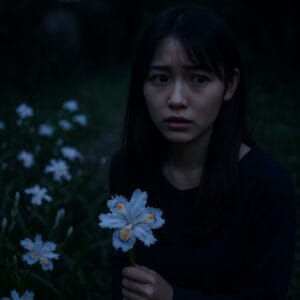 <img src="shaga_scary_story.jpg" alt="薄暗い庭のシャガを見て怖がる日本人女性">