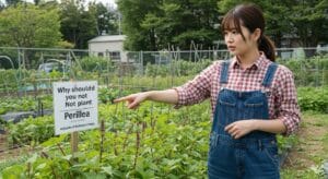 <img src="reason_not_to_plant_shiso.jpg" alt="しそを植えるべきでない理由を示す警告と女性">