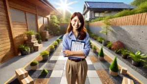 <img src="final_summary_tile.jpg" alt="完成した庭を背景に立つ日本人女性。">
