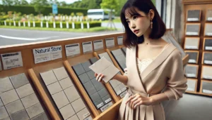 <img src="stone_vs_porcelain.jpg" alt="天然石と磁器タイルを比較する日本人女性。">

