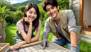 <img src="pros_cons_tile_diy.jpg" alt="タイルDIYのメリットとデメリットを示す日本人カップル。">
