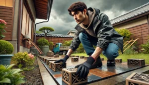 <img src="typhoon_tile_safety.jpg" alt="台風対策としてタイルの周囲を補強する日本人男性。">
