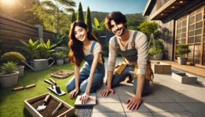 <img src="h1_title.jpg" alt="庭で若い日本人カップルがタイルを並べてDIYしている様子。">
