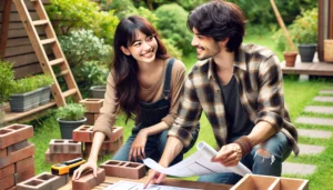 <img src="h3_pros_cons.jpg" alt="若い日本人カップルが庭でレンガの配置について相談している様子。女性はレンガを手に取り笑顔で作業し、男性は図面を持って指をさしながら説明している。整った部分と散らばったレンガが混在し、計画段階の雰囲気が伝わる。">