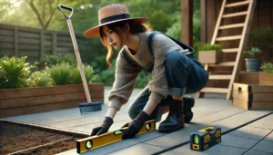<img src="basic_tile_diy.jpg" alt="日本人女性が庭の地面を整えてタイルDIYの準備をしている。">
