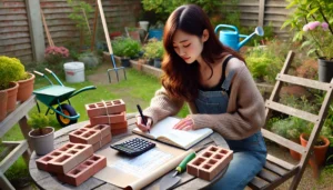 <img src="h3_diy_cost.jpg" alt="若い日本人女性が庭のテーブルでノートと電卓を使いながらDIYレンガ施工の費用を計算している様子。カジュアルなセーターとジーンズ姿で、横には園芸道具とレンガが並んでいる。背景は整地前の庭。">