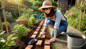 <img src="h3_weeding_basics.jpg" alt="若い日本人女性がガーデニング用の服と帽子を身に着けて庭でレンガを敷いている様子。雑草対策のために土の上にレンガを丁寧に並べている。周囲には緑と花が美しく広がっている。">
