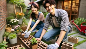<img src="h3_100yen_examples.jpg" alt="若い日本人カップルが100均のレンガを使って庭に花壇を作っている様子。女性はカジュアルな服装にヘアバンド、男性はストライプのTシャツとジーンズ姿で笑顔を見せながら作業している。温かみのある小さな庭が背景に広がる。">