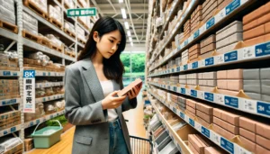 <img src="h3_thinbrick_store.jpg" alt="若い日本人女性がホームセンターのDIY売り場で薄いレンガを選んでいる様子。ライトジャケットとジーンズ姿で、棚に並ぶさまざまなレンガを比較しながらじっくりと見ている。背景には園芸用品や資材が並ぶ明るい店内。">