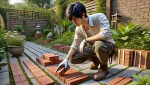 <img src="h3_thinbrick_caution.jpg" alt="若い日本人男性が庭で薄いレンガをしゃがんでチェックしている様子。白い作業シャツとカーゴパンツ姿で、レンガの耐久性を確認しているように慎重に観察している。背景には緑の植物が並ぶ穏やかな庭が広がっている。">