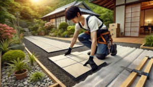 <img src="large_tile_weed_control.jpg" alt="大判タイルで雑草対策をする日本人男性。">
