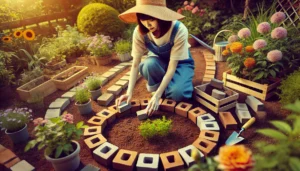 <img src="h3_100yen_flowerbed.jpg" alt="若い日本人女性が庭で100均のレンガを使って円形の花壇を作っている様子。エプロンとジーンズ、麦わら帽子を着用し、丁寧にレンガを並べている。花壇には花と土があり、温かみのある雰囲気が広がる。">
