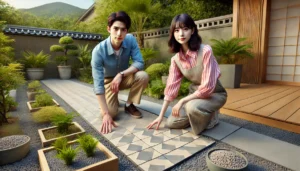 <img src="stylish_tile_tips.jpg" alt="おしゃれに庭タイルを配置する若い男女。">
