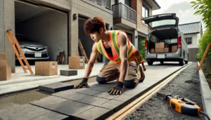 <img src="car_tile_diy.jpg" alt="車が乗っても割れないタイルを設置する日本人男性。">
