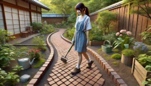 <img src="h3_path_design.jpg" alt="若い日本人女性が庭に自作したレンガの小道の上を歩いている様子。カジュアルなワンピースとガーデニングシューズを着用し、デザインされたレンガのパターンを満足げに見つめている。背景には花や緑が美しく広がっている。">