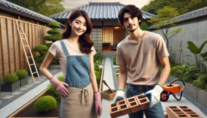 <img src="h1_title.jpg" alt="若い日本人カップルが庭でレンガを置いてDIYを楽しんでいる様子。女性はエプロン姿、男性はTシャツとジーンズ姿。背景にはおしゃれに整えられた日本庭園が広がる。">