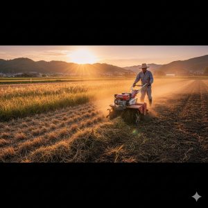 夕日が差し込む畑で、背の高い雑草を耕運機で効率的にすき込んでいる日本の農家の男性。草が土に混ざり、耕された部分が広がっている。