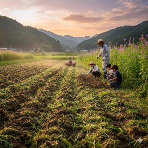 夕焼けの空の下、日本の家族が畑で協力して土を浅く耕している。手前には耕されたばかりの土と細かく混ざった雑草、奥には耕運機が見える。