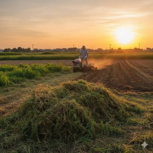 夕日が差し込む畑で、耕運機を操作する日本の農家の男性。手前には刈り取られ乾燥中の雑草、奥には耕された土が見え、夏の雑草処理作業の様子。