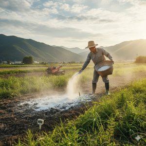 夕焼けの畑で、日本の農家が手で石灰をまいている様子。土壌酸度計が地面に刺さっており、背景には耕運機と山々が見える。