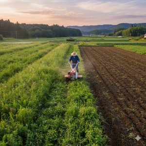 腰をかがめて雑草だらけの畑を丁寧に手作業で耕し、土中の根を取り除いている日本人農家の男性。隣には耕運機が見える。