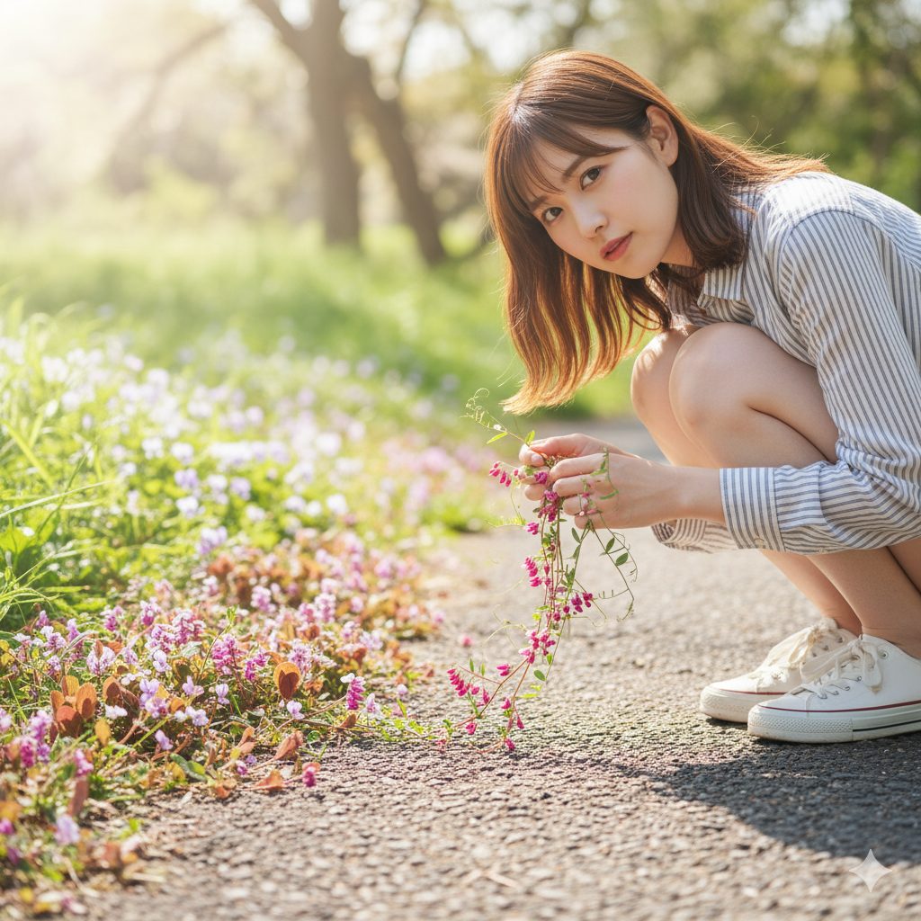 春の道端でホトケノザやヒメオドリコソウ、カラスノエンドウなど小さい紫色の雑草を観察する日本人の女性