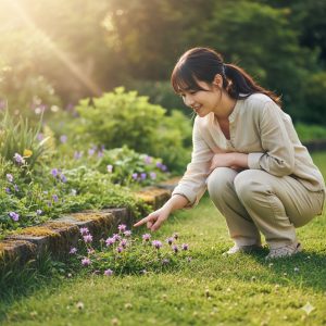 庭で小さい紫の花の雑草に目を向け、優しく触れる日本人の女性