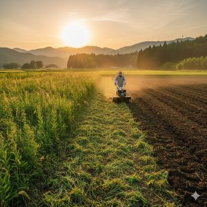 夕焼けの空の下、広大な畑で、日本の農家が耕運機を使って雑草をすき込みながら土を耕している様子。左側は雑草が残っており、右側は耕された土が広がっている。