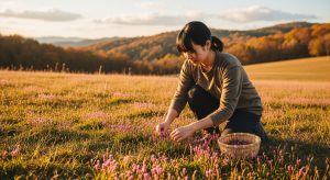 秋の草地でアキノタムラソウやイヌタデの小さい紫色の雑草を摘む日本人の女性