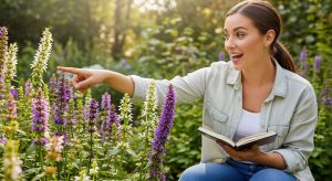 小さい紫色の雑草の見分け方一覧を指し示す日本人の女性