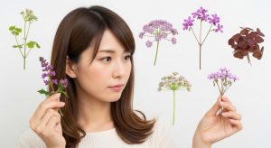 カキドオシ、キランソウ、ムラサキカタバミなど似た小さい紫色の雑草を比較する日本人の女性