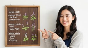 小さい紫色の雑草の種類や見分け方、注意点についてまとめた情報を示す日本人の女性