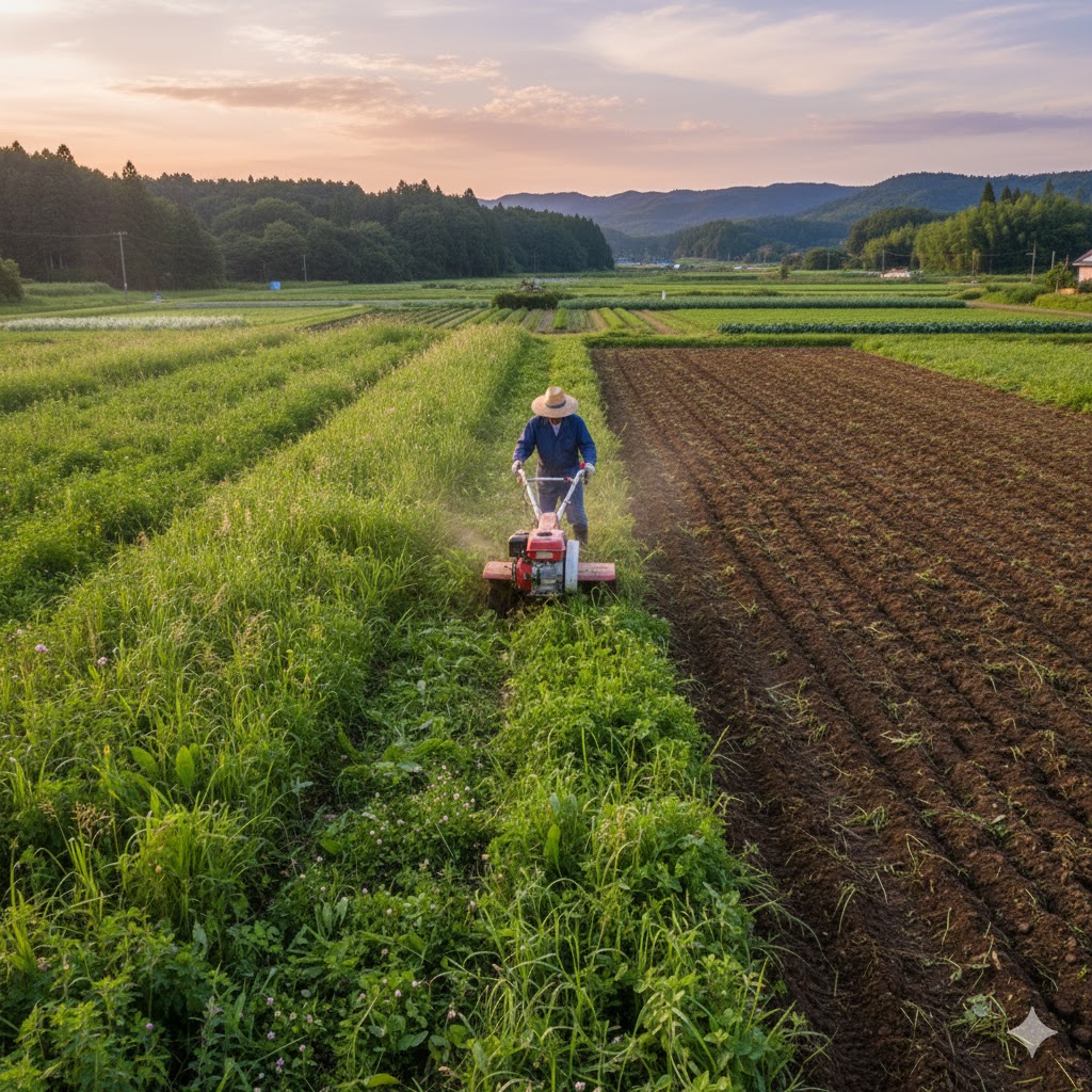 夕焼けの空の下、広がる畑で日本の農家が耕運機を使って雑草ごと土を耕している様子。左側には青々とした雑草が茂り、右側は耕されたばかりの土が広がっている。