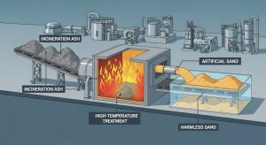 \<img src="h3\_5.jpg" alt="焼却灰が特殊処理を経て防草人工砂にリサイクルされる工場のイラスト。"\>