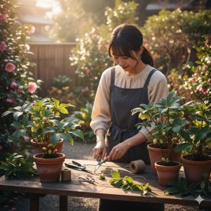 <img src="h1_title.jpg" alt="11月の庭でクリスマスローズの手入れを準備する日本人女性">