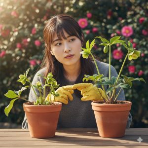 \<img src="h3\_03\_types.jpg" alt="2種類のクリスマスローズの品種（有茎種と無茎種）を比べる日本人女性"\>
