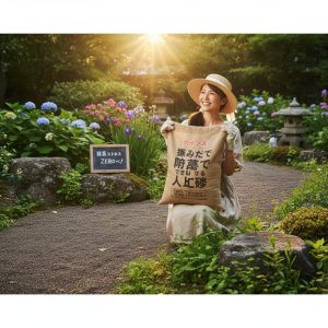 \<img src="h1\_title.jpg" alt="美しく手入れされた庭で、カインズの防草人工砂を持つ笑顔の日本人女性。"\>