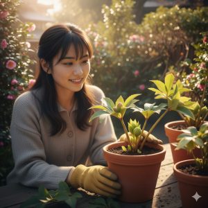 \<img src="h3\_02\_prevention.jpg" alt="古葉切りを終え、株元がスッキリしたクリスマスローズを眺める日本人女性"\>
