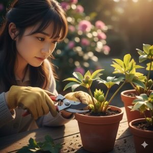 \<img src="h3\_01\_koha-giri.jpg" alt="クリスマスローズの古い葉をハサミで切る（古葉切り）日本人女性"\>
