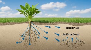 \<img src="h3\_1.jpg" alt="カインズの防草人工砂が雑草の水分と養分を奪うメカニズムのイラスト。"\>