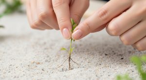 \<img src="h3\_2.jpg" alt="カインズの防草人工砂の上から簡単に雑草を引き抜く日本人女性の手元。"\>