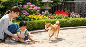 \<img src="h3\_4.jpg" alt="カインズの防草人工砂が敷かれた庭で、子供とペットと遊ぶ日本人母親。"\>