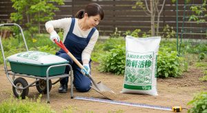 \<img src="h3\_6.jpg" alt="カインズの防草人工砂を庭で運搬し、丁寧に撒いて均す日本人女性。"\>