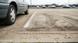 \<img src="h3\_8.jpg" alt="駐車場で車のタイヤによって流出・凹凸ができた防草人工砂。"\>