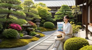 \<img src="h3\_11.jpg" alt="カインズの防草人工砂で雑草のない庭に満足する日本人女性。"\>