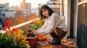 \<img src="h3\_ikki-nari.jpg" alt="秋らしいニットとミニスカート姿の若い日本人女性が、ベランダでいちごの苗を植えようとかがんでいる全身の様子。"\>