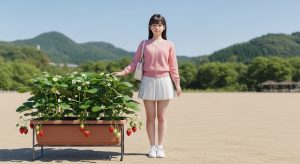 \<img src="h3\_shiki-nari.jpg" alt="春らしいカーディガンとミニスカート姿の若い日本人女性が、花と実が同時になっている四季なりいちごのプランターの横に立つ全身の様子。"\>