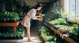 \<img src="h3\_nae.jpg" alt="おしゃれなブラウスとミニスカート姿の若い日本人女性が、園芸店でいちごの苗を選んでいる全身の様子。"\>