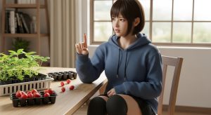 \<img src="h3\_tane.jpg" alt="部屋着のミニスカート姿の若い日本人女性が、テーブルで小さないちごの種を蒔こうとしながら、難しそうな顔をしている全身の様子。"\>